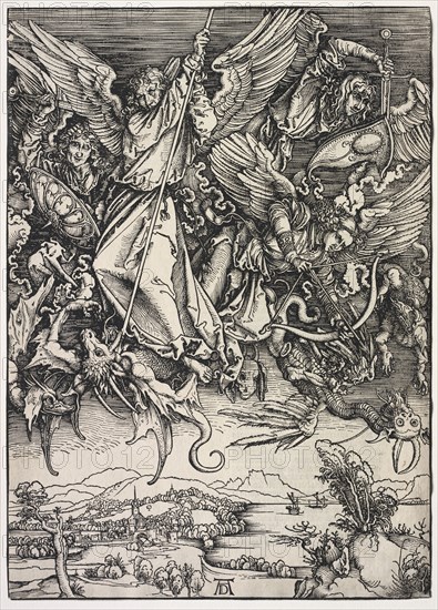 Revelation of St. John: St. Michael fighting the Dragon, 1511. Albrecht Dürer (German, 1471-1528). Woodcut; sheet: 39.2 x 28.2 cm (15 7/16 x 11 1/8 in.); mat size: 48.9 x 36.3 cm (19 1/4 x 14 5/16 in.)