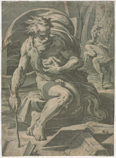Diogenes, c. 1524-1527. Ugo da Carpi (Italian, c. 1479-c. 1532), after Parmigianino (Italian, 1503-1540). Chiaroscuro woodcut (in four shades of green); sheet: 47.7 x 34.7 cm (18 3/4 x 13 11/16 in.)