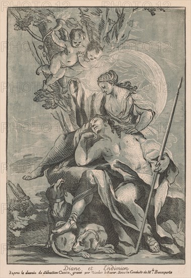 Diana and Endymion. Nicolas LeSueur (French, 1691-1764), after Sebastian Conca (Italian, 1680-1764). Chiaroscuro woodcut; sheet: 62.1 x 44.7 cm (24 7/16 x 17 5/8 in.); image: 44.7 x 31.1 cm (17 5/8 x 12 1/4 in.)