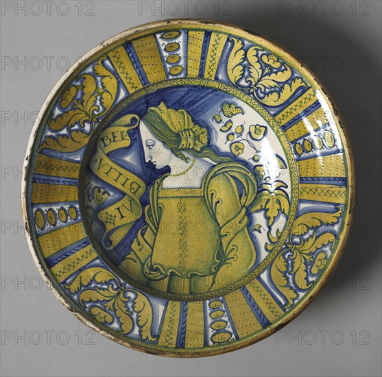 Plate, c. 1500-1510. Italy, Deruta, early 16th century. Tin-glazed earthenware with yellow and blue lustre (maiolica); diameter: 8.6 x 41.3 cm (3 3/8 x 16 1/4 in.).