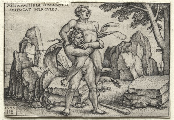 The Labors of Hercules: Hercules Crushing Antaeus, 1545. Hans Sebald Beham (German, 1500-1550). Engraving