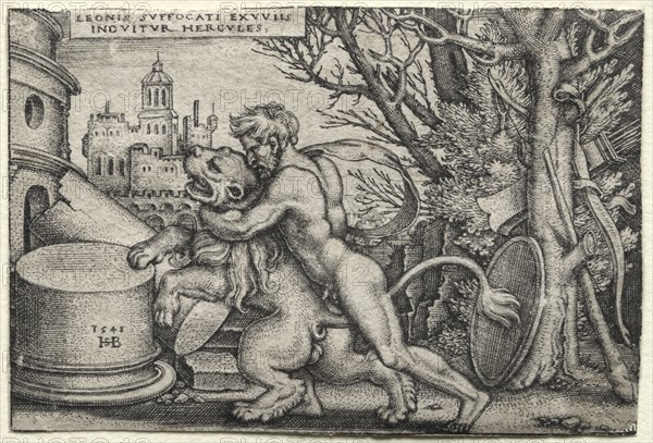 The Labors of Hercules: Hercules Strangling the Nemean Lion, 1548. Hans Sebald Beham (German, 1500-1550). Engraving
