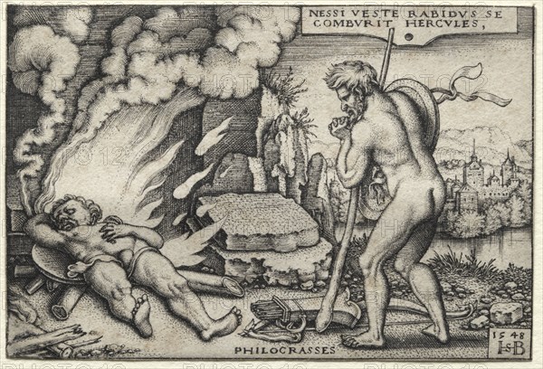 The Labors of Hercules: Hercules on his Pyre, 1548. Hans Sebald Beham (German, 1500-1550). Engraving