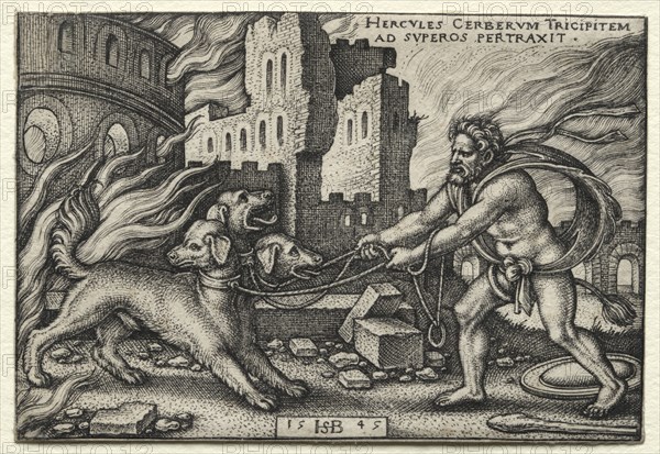 The Labors of Hercules: Hercules Dragging Cerberus from the Underworld, 1545. Hans Sebald Beham (German, 1500-1550). Engraving