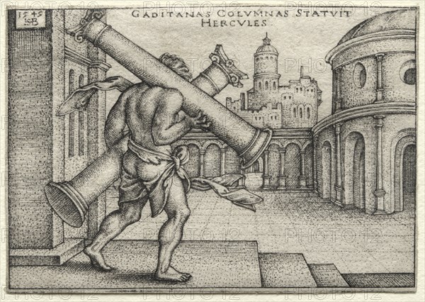 The Labors of Hercules: Hercules and the Columns of Gades, 1545. Hans Sebald Beham (German, 1500-1550). Engraving