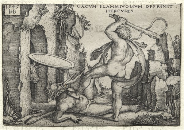 The Labors of Hercules: Hercules Killing the Giant Cacus, 1545. Hans Sebald Beham (German, 1500-1550). Engraving
