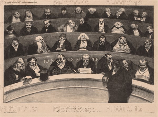 The Monthly Association (plate 18): The Legislative Belly, 1834. Honoré Daumier (French, 1808-1879), Aubert. Lithograph; sheet: 36.2 x 55.7 cm (14 1/4 x 21 15/16 in.); image: 28.1 x 43.1 cm (11 1/16 x 16 15/16 in.)