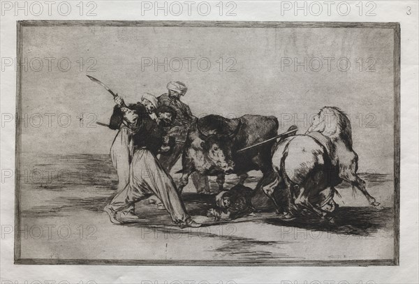 Bullfights:  The Moors Settled in Spain, Giving Up the Superstitions of the Koran, Adopted this Art of Hunting, and Spear a Bull in the Open, 1876. Francisco de Goya (Spanish, 1746-1828). Engraving