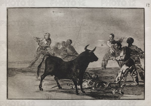 Bullfights:  The Rabble Hamstringing the Bull with Lances, Sickles, Banderillas and Other Arms, 1876. Francisco de Goya (Spanish, 1746-1828). Engraving