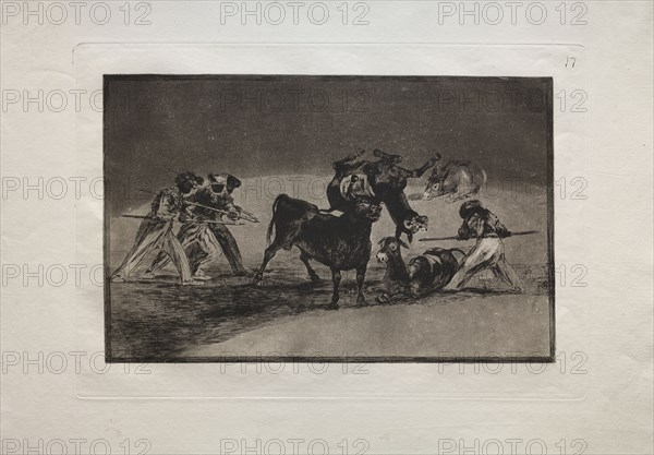 Bullfights:  The Moors Use Donkeys as a Barrier to Defend Themselves Against the Bull Whose Horns Have Been Tipped with Balls, 1876. Francisco de Goya (Spanish, 1746-1828). Engraving