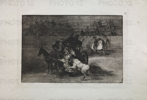 Bullfights:  Fight in a Carriage Harnessed to Two Mules, 1876. Francisco de Goya (Spanish, 1746-1828). Engraving