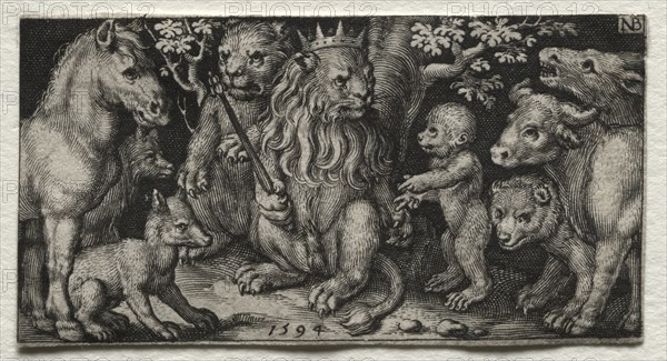 Fighting Chimeras and Scenes to Aesop's Fables: The King of Beasts, 1594. Nicolaes de Bruyn (Netherlandish, 1571-1656), A. van Londerseel. Engraving; sheet: 3.2 x 6.1 cm (1 1/4 x 2 3/8 in.).