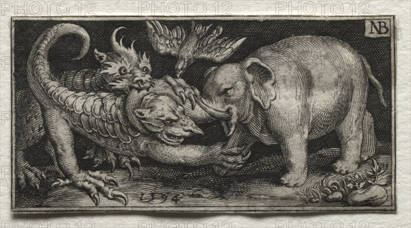 Fighting Chimeras and Scenes to Aesop's Fables: Elephant  Fighting two Beasts, 1594. Nicolaes de Bruyn (Netherlandish, 1571-1656), A. van Londerseel. Engraving; sheet: 3 x 5.7 cm (1 3/16 x 2 1/4 in.)