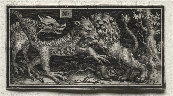 Fighting Chimeras and Scenes to Aesop's Fables: Lion Fighting two Beasts, 1594. Nicolaes de Bruyn (Netherlandish, 1571-1656), A. van Londerseel. Engraving; sheet: 3.1 x 5.8 cm (1 1/4 x 2 5/16 in.).