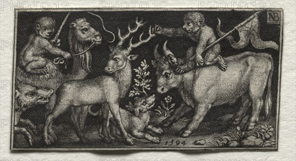 Fighting Chimeras and Scenes to Aesop's Fables: Monkeys Riding a Camel and a Bull, 1594. Nicolaes de Bruyn (Netherlandish, 1571-1656), A. van Londerseel. Engraving; sheet: 3.1 x 5.7 cm (1 1/4 x 2 1/4 in.).