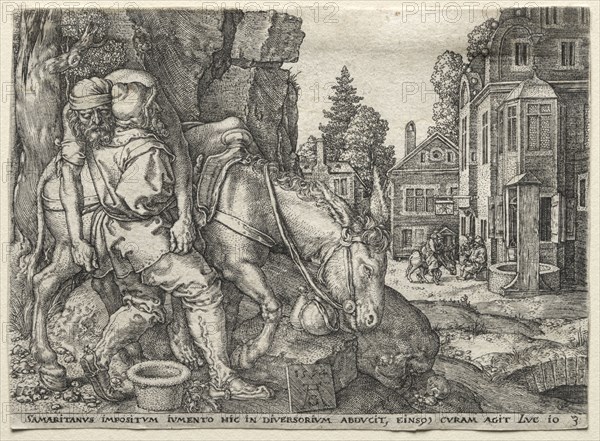 The Parable of the Good Samaritan: The Good Samaritan Putting the Traveler on His Donkey, 1554. Heinrich Aldegrever (German, 1502-1555/61). Engraving