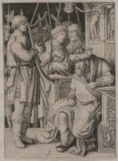 David Playing the Harp before Saul, c. 1508. Lucas van Leyden (Dutch, 1494-1533). Engraving