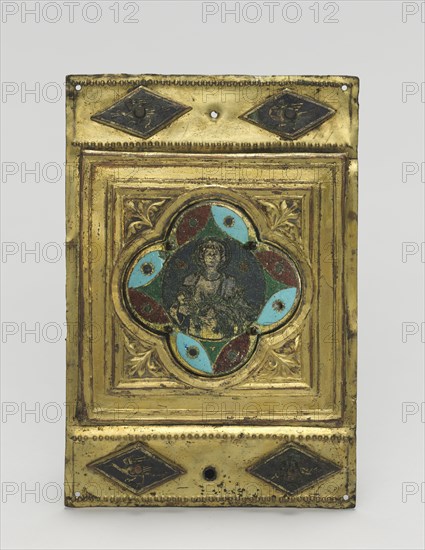 Ornamental Plaque, c. 1380-1400. Italy, Tuscany, 14th century. Champlevé enamel, glass paste stones, and gilding on copper; overall: 11.2 x 7.7 cm (4 7/16 x 3 1/16 in.)