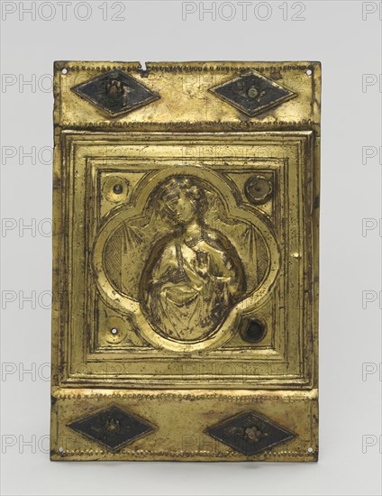 Ornamental Plaque, c. 1380-1400. Italy, Tuscany, 14th century. Champlevé enamel, glass paste stones, and gilding on copper; overall: 11.2 x 7.7 cm (4 7/16 x 3 1/16 in.).