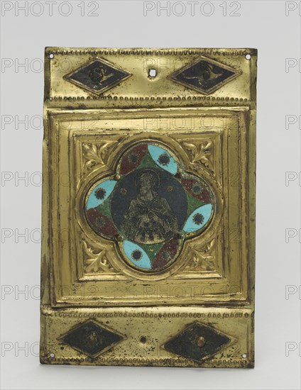 Ornamental Plaque, c. 1380-1400. Italy, Tuscany, 14th century. Champlevé enamel, glass paste stones, and gilding on copper; overall: 11.2 x 7.7 cm (4 7/16 x 3 1/16 in.)