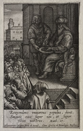 The Passion: Pilate Washing his Hands. Hieronymus Wierix (Flemish, 1553-1619). Engraving