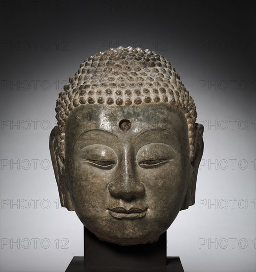Head of Buddha, c. 570. China, Hebei province, northern Xiangtangshan caves, South cave, Northern Qi dynasty (550-577). Limestone; overall: 62.2 x 54.6 cm (24 1/2 x 21 1/2 in.)