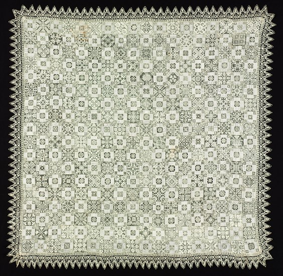 Cloth with Floral and Vegetal Patterns, 1560-1600. Italy, 16th century. Needle lace, filet/lacis (knotted ground and darned in two directions), alternating reticella squares (open cutwork), and bobbin lace edging; bleached linen (est.); mounted: 148 x 151.1 cm (58 1/4 x 59 1/2 in.); overall: 145.1 x 144.2 cm (57 1/8 x 56 3/4 in.)
