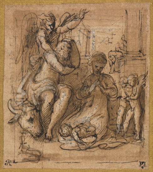 The Nativity with the Dream of Joseph, c. 1527/30?. Parmigianino (Italian, 1503-1540). Pen and brown and black ink and brush and brown wash, with traces of brush and black wash, heightened with lead white (oxidized); sheet: 8.6 x 7.5 cm (3 3/8 x 2 15/16 in.); secondary support: 14.9 x 13.4 cm (5 7/8 x 5 1/4 in.).