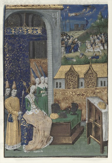 Single Miniature Excised from Boccaccio's Des Cleres et nobles femmes: Queen Medusa and Her Court, c. 1470. Circle of Maître François (French). Tempera and gold on vellum; sheet: 13 x 9.1 cm (5 1/8 x 3 9/16 in.).