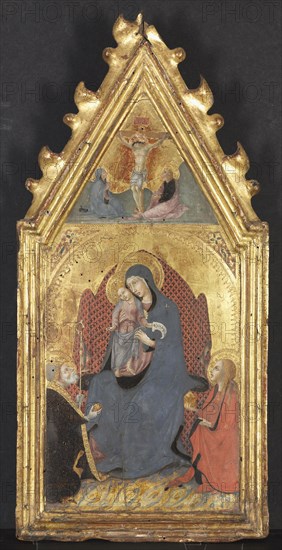 Virgin and Child Adored by Saints Mary Magdalene and Nicolas of Bari;  Christ Crucified with the Virgin and Saint John the Evangelist, 1400s. Sano di Pietro (Italian, 1406-1481). Tempera and gold on wood; image: 46 x 21.4 cm (18 1/8 x 8 7/16 in.); framed: 58.2 x 28 x 4.8 cm (22 15/16 x 11 x 1 7/8 in.)