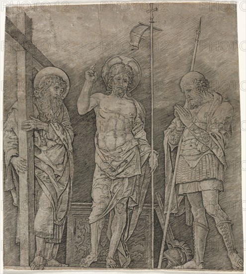 The Risen Christ between St Andrew and Longinus, early 1470's. Andrea Mantegna (Italian, 1431-1506). Engraving; sheet: 30.4 x 27.1 cm (11 15/16 x 10 11/16 in.)