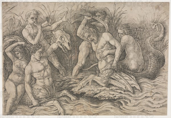 Battle of the Sea Gods - right portion, c. 1485-88. Andrea Mantegna (Italian, 1431-1506). Engraving; mat size: 47.6 x 63.5 cm (18 3/4 x 25 in.); sheet: 26.8 x 39.3 cm (10 9/16 x 15 1/2 in.)