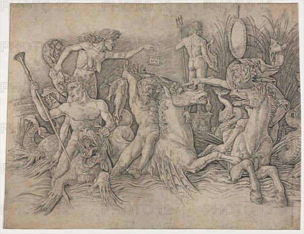 Battle of the Sea Gods - left portion. Andrea Mantegna (Italian, 1431-1506). Engraving; sheet: 33 x 43.2 cm (13 x 17 in.); mat size: 47.5 x 43.6 cm (18 11/16 x 17 3/16 in.)