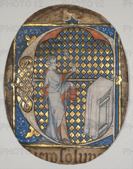 Fragment from a Lectern Bible: Initial E[t fecit Josias] with Josiah Aspersing the Altar, c. 1300. Circle of Master Honoré (French, Paris, active 1288-1318). Ink, tempera, and gold on vellum; sheet: 10.5 x 8 cm (4 1/8 x 3 1/8 in.)