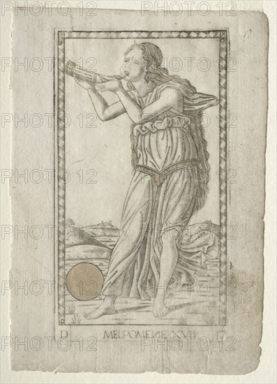 Melpomene (tragedy) (from the Tarocchi series D:  Apollo and the Muses, #17), before 1467. Master of the E-Series Tarocchi (Italian, 15th century). Engraving hand-colored with gold