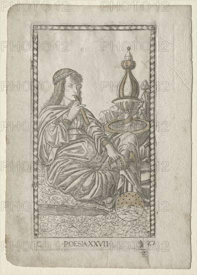 Poetry (from the Tarocchi, series C: Liberal Arts, #27), before 1467. Master of the E-Series Tarocchi (Italian, 15th century). Engraving, hand-colored with gold