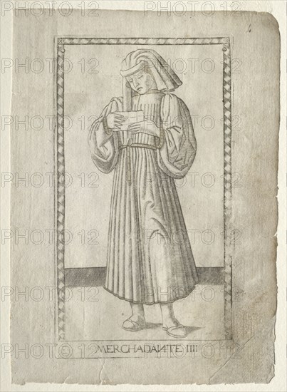 The Merchant (from the Tarocchi, series E: Conditions of Man, #4), before 1467. Master of the E-Series Tarocchi (Italian, 15th century). Engraving hand-colored with gold