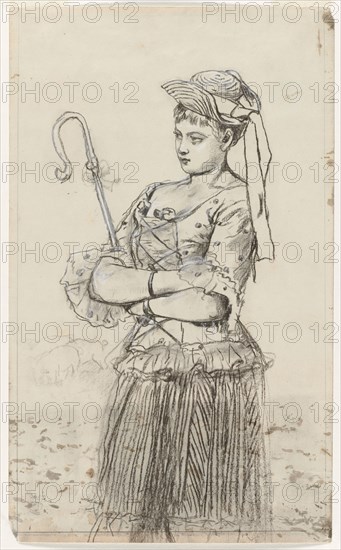 Shepherdess, c. 1878. Winslow Homer (American, 1836-1910). Charcoal with brush and brown wash, heightened with white chalk; framing lines in graphite; sheet: 41.8 x 25.8 cm (16 7/16 x 10 3/16 in.); image: 41 x 24.1 cm (16 1/8 x 9 1/2 in.).