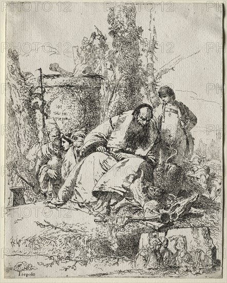 Scherzi:  seated Magician, boy and four figures, 1735-40. Giovanni Battista Tiepolo (Italian, 1696-1770). Etching