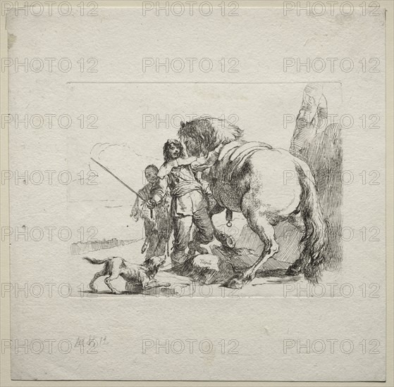 Various Caprices:  The Cavalier Mounting his Horse, 1785. Giovanni Battista Tiepolo (Italian, 1696-1770). Etching
