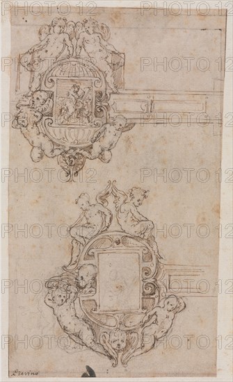 Design for Decorative Hinges (recto) Border Lines (verso), mid 1500s. Luzio Romano (Italian, active 1528-75). Pen and brown ink over black chalk; framing lines in brown ink (lower left, upper right); sheet: 29.8 x 17.5 cm (11 3/4 x 6 7/8 in.).