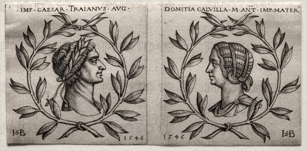 Busts of Emperor Trajan and Domitia Calvilla, 1546. Hans Sebald Beham (German, 1500-1550). Engraving