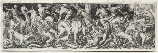 Combats and Triumphs. Etienne Delaune (French, 1518/19-c. 1583). Engraving; image: 6.6 x 21.9 cm (2 5/8 x 8 5/8 in.); secondary support: 7.1 x 22.3 cm (2 13/16 x 8 3/4 in.)