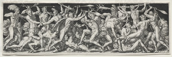 Combats and Triumphs. Etienne Delaune (French, 1518/19-c. 1583). Engraving; image: 6.5 x 21.9 cm (2 9/16 x 8 5/8 in.); secondary support: 7.1 x 22.3 cm (2 13/16 x 8 3/4 in.)
