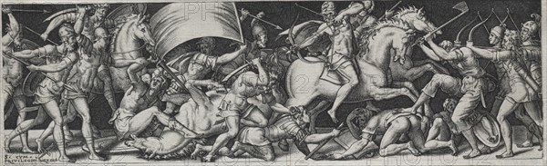 Combats and Triumphs, probably 1560s. Etienne Delaune (French, 1518/19-c. 1583). Engraving; image: 6.5 x 21.9 cm (2 9/16 x 8 5/8 in.); secondary support: 7 x 22.5 cm (2 3/4 x 8 7/8 in.).