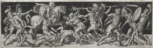 Combats and Triumphs, probably 1560s. Etienne Delaune (French, 1518/19-c. 1583). Engraving; image: 6.5 x 21.9 cm (2 9/16 x 8 5/8 in.); secondary support: 7 x 22.5 cm (2 3/4 x 8 7/8 in.).