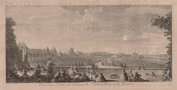 Chateau Fontainebleau and Gardens. Jacques Rigaud (French, 1681-1754). Engraving