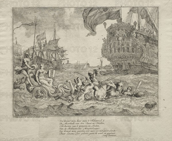 The River IJ and Seascapes: The Personification of Amsterdam Riding in Neptune's Chariot, 1701. Ludolf Backhuysen (Dutch, 1631-1708), Ludolf Backhuysen (Dutch, 1631-1708). Etching; sheet: 26.1 x 31.8 cm (10 1/4 x 12 1/2 in.); platemark: 19.8 x 26 cm (7 13/16 x 10 1/4 in.)