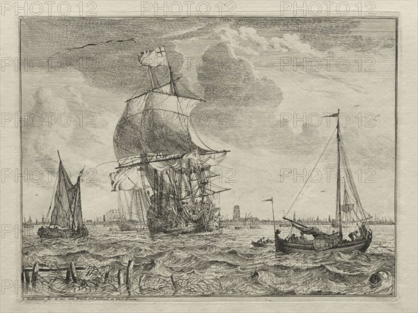 Marine Scene with Amsterdam in the Distance, 1701. Ludolf Backhuysen (Dutch, 1631-1708), Ludolf Backhuysen (Dutch, 1631-1708). Etching; sheet: 22.3 x 29.3 cm (8 3/4 x 11 9/16 in.); platemark: 17.8 x 23.5 cm (7 x 9 1/4 in.)
