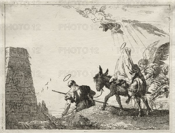 Flight into Egypt:  The Holy Family Passing near a Pyramid. Giovanni Domenico Tiepolo (Italian, 1727-1804). Etching